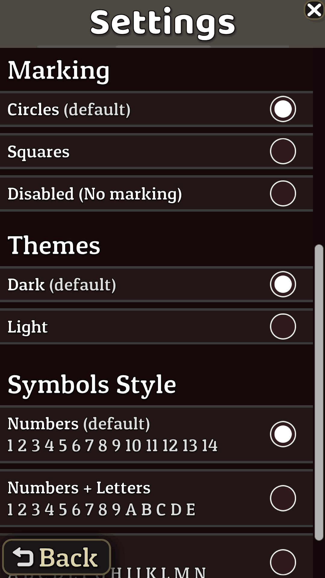 Hitori settings menu